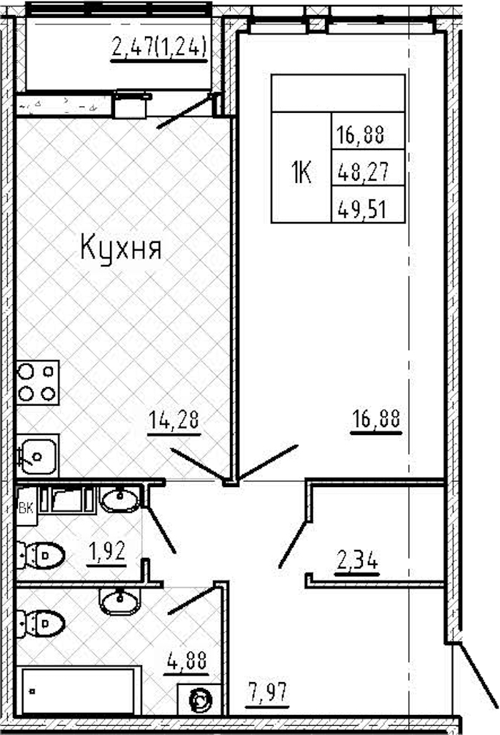 1-комнатная квартира 49.51 м², 5/7 эт., ЖК «Master Place»